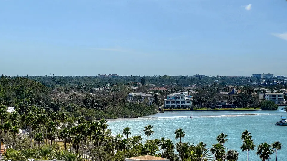 View over palm-lined Sarasota Bay shoreline and calm water from downtown