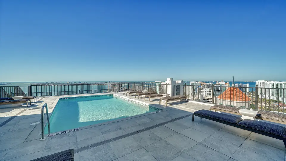 Rooftop pool overlooking Sarasota Bay and the downtown skyline