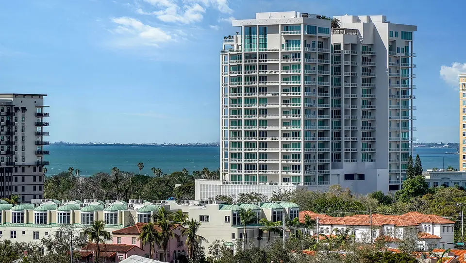 Downtown Sarasota towers with Sarasota Bay and the keys beyond