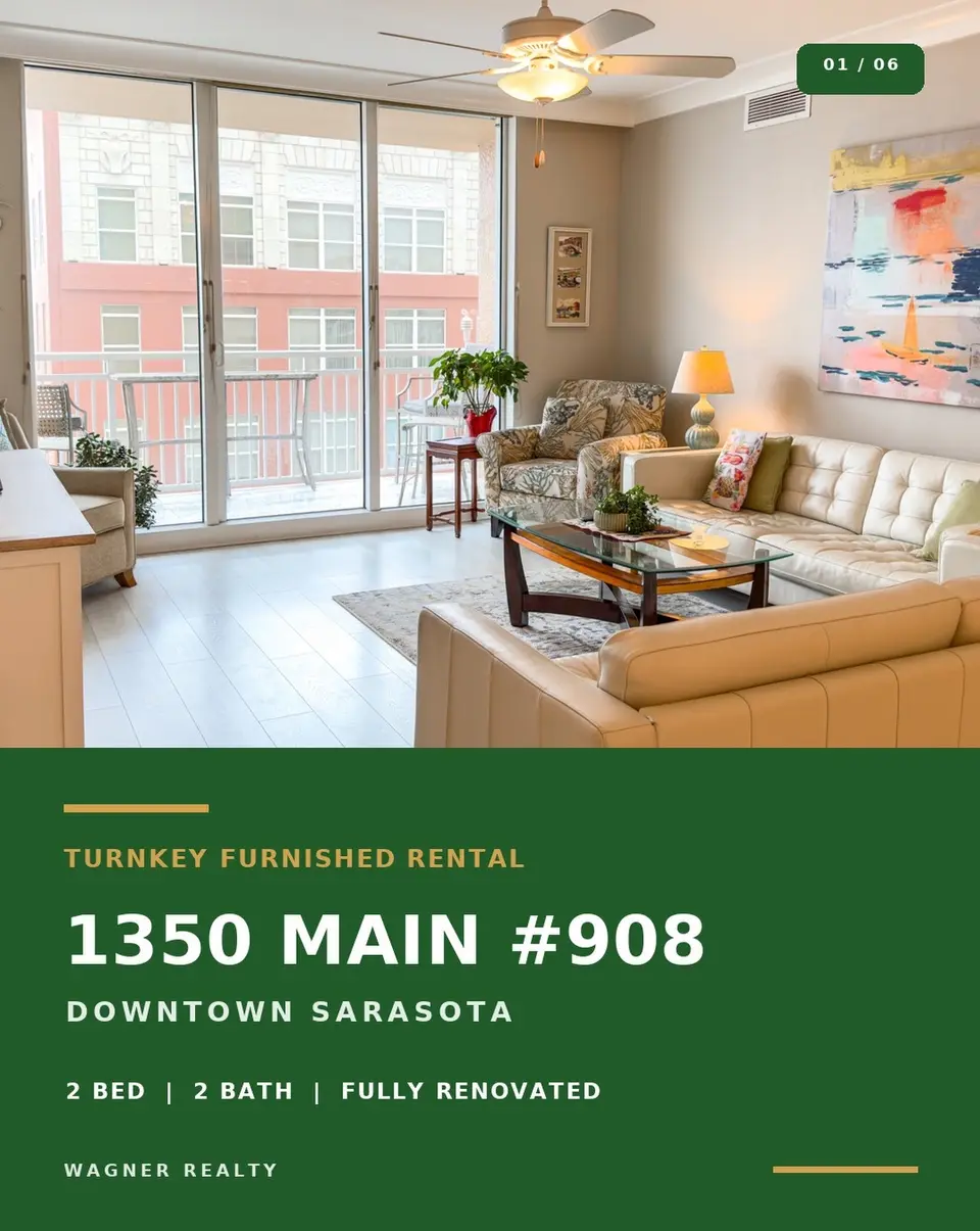 Furnished condo living room with a Wagner Realty listing graphic