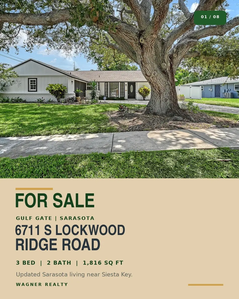 Single-story Gulf Gate home under a large oak with a For Sale graphic