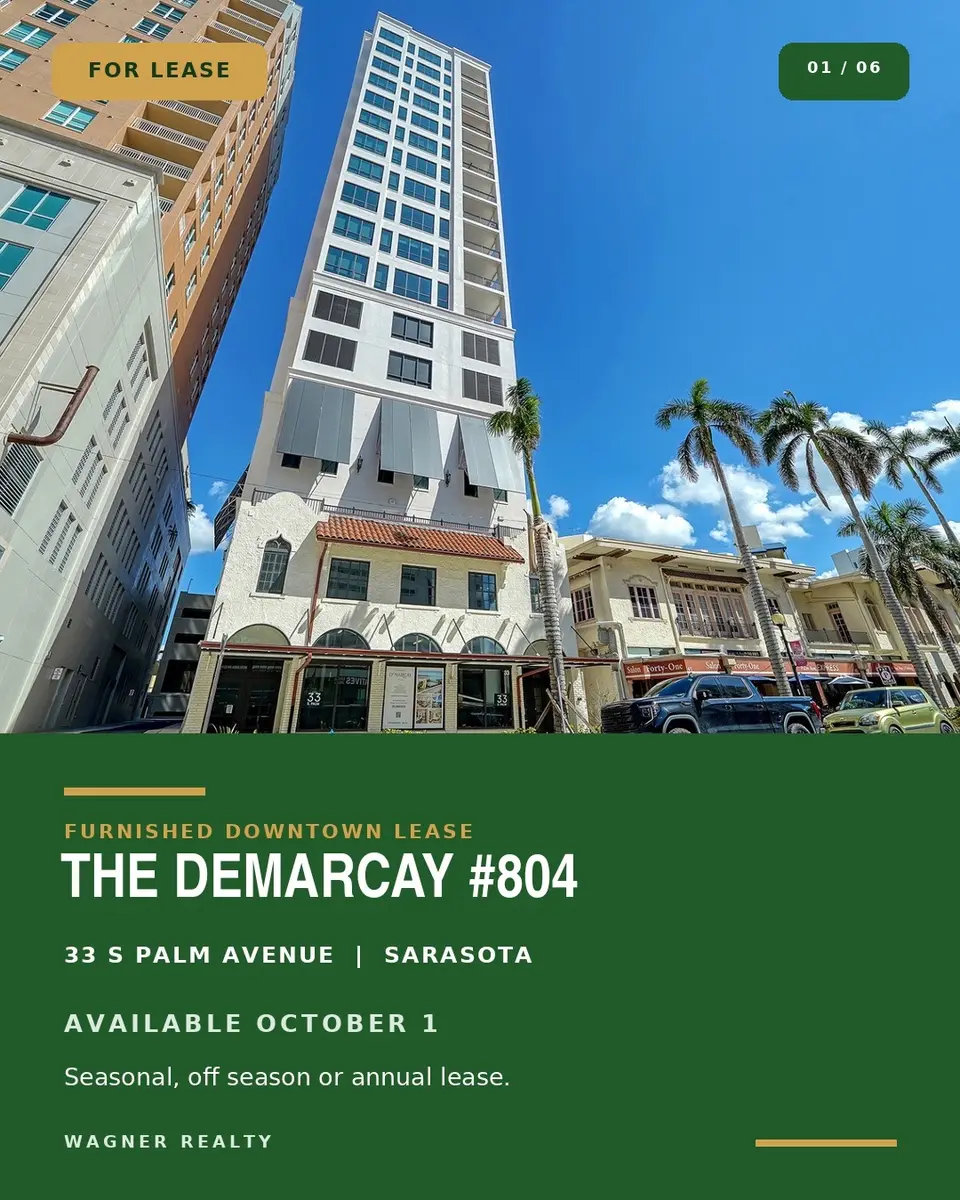 Downtown condo tower at 33 S Palm with a For Lease graphic