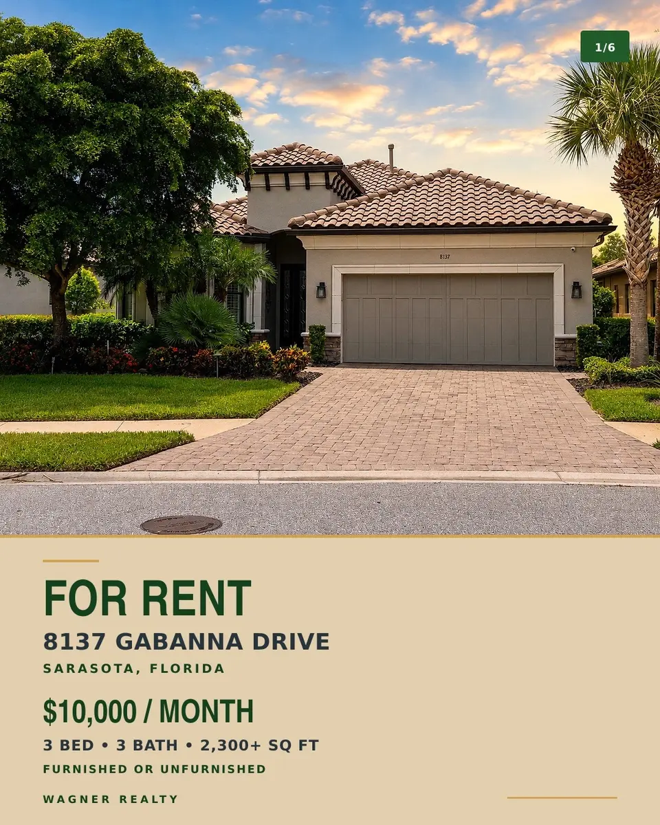 Two-story home with a paver driveway and a For Rent graphic