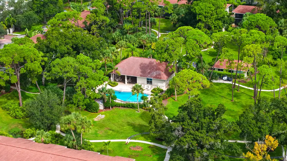 Aerial view of a community pool and clubhouse set among tall pines and lawns