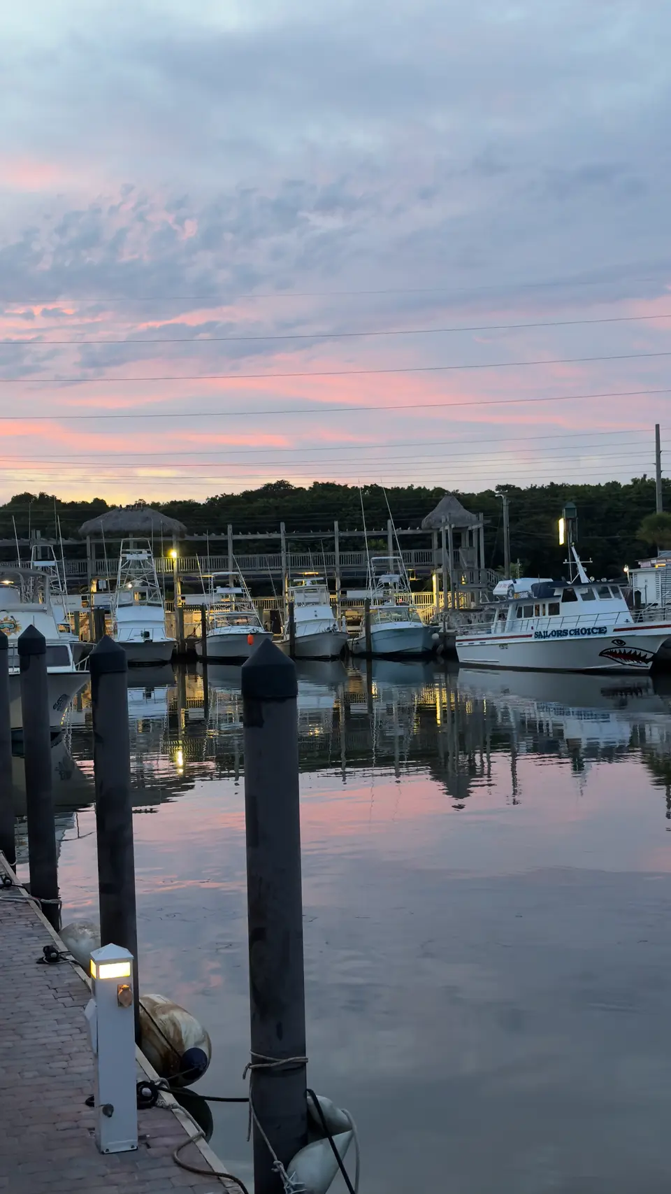 Marina boardwalk with lit pilings and docked boats under a pink dusk sky
