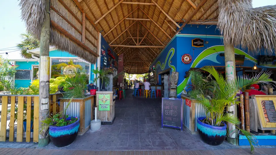 Thatched tiki walkway lined with plants and shops in Siesta Key Village